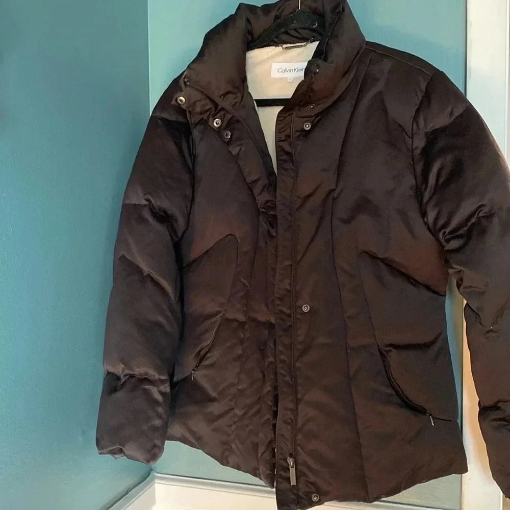 Calvin Klein brown puffer coat - size larger - 20% feathers - great condition